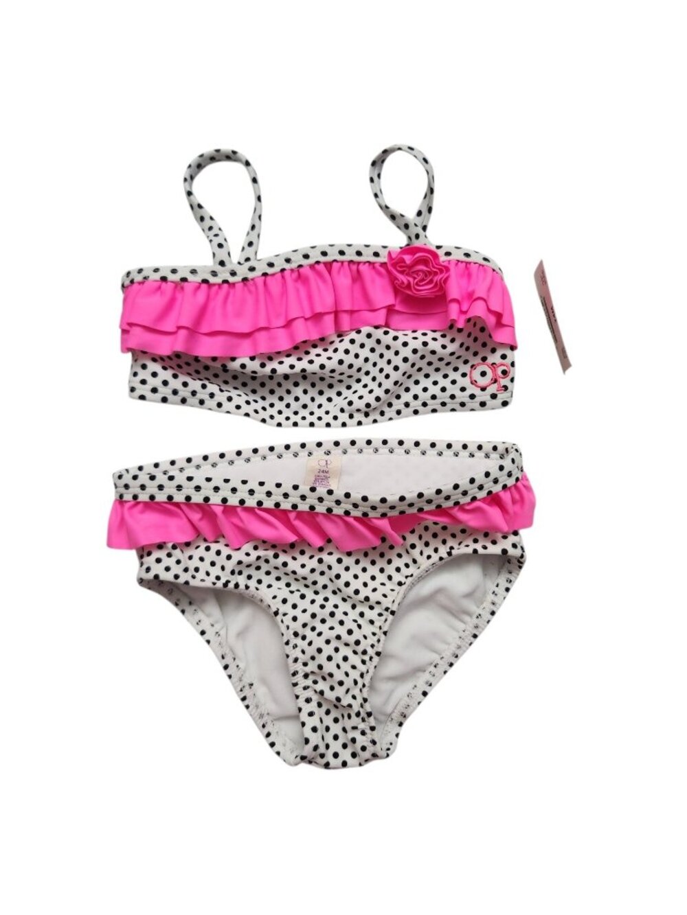 OP Toddler Girl Two Piece Swimsuit Size 24M Hot Pink and Black White Polka Dots